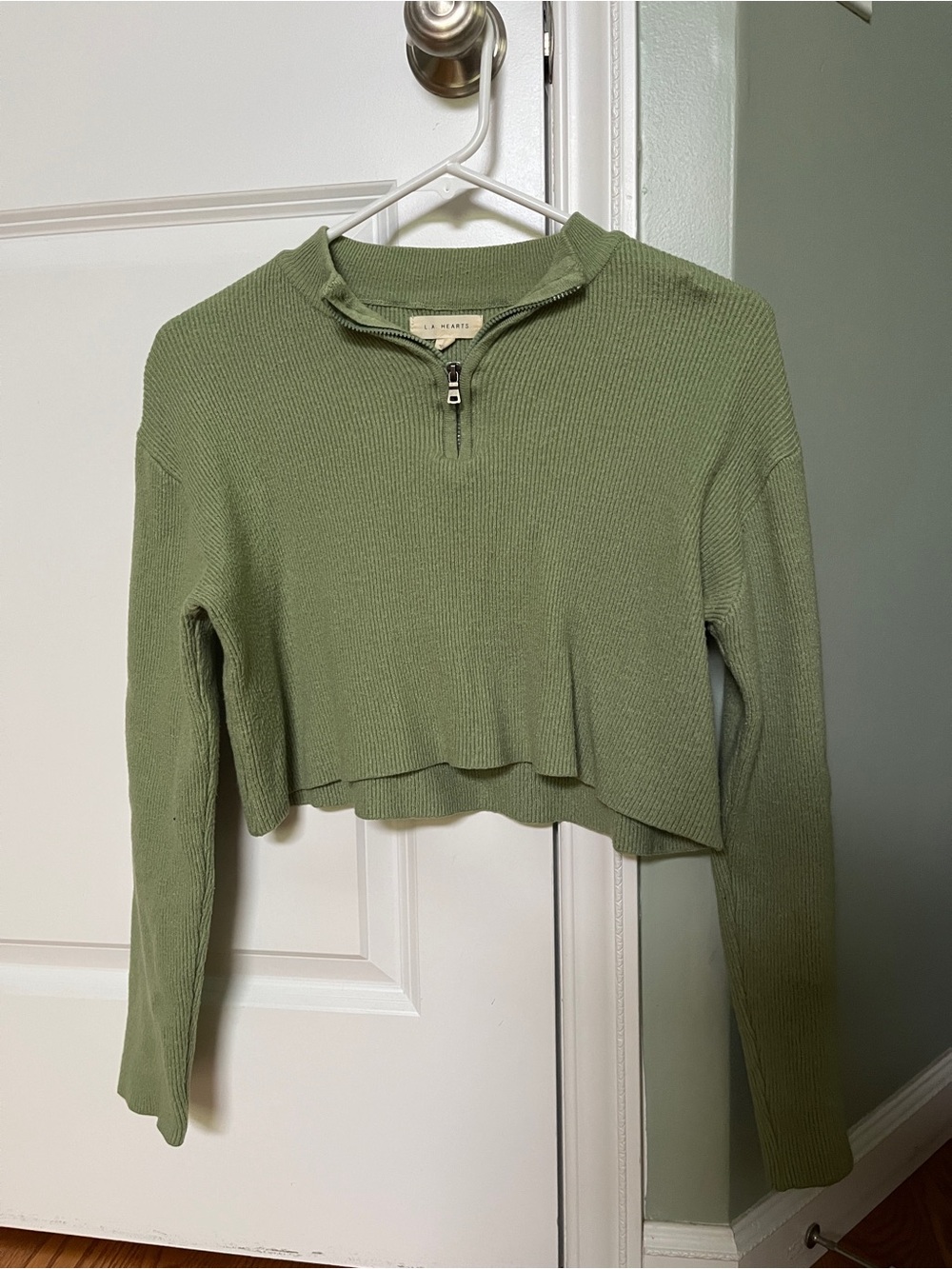 La Hearts Cropped Half-Zip Knit Top in Sage Green